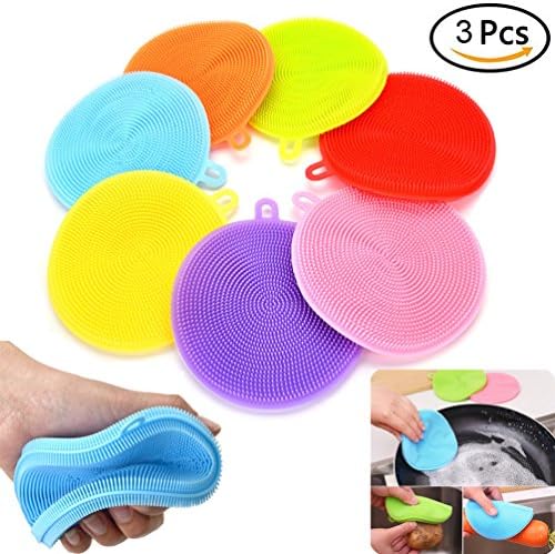 UBOOMS 004 3 Pcs Silicone Dish Washing Sponge Scrubber Kitchen Cleaning antibacterial, 4.52inch 4.52inch, 3pcs