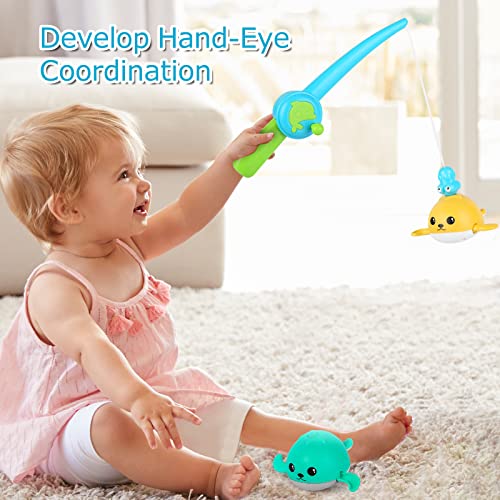 KINDIARY Bath Toys, Fishing Games with Windup Swimming Whales, Water Table Pool Fun