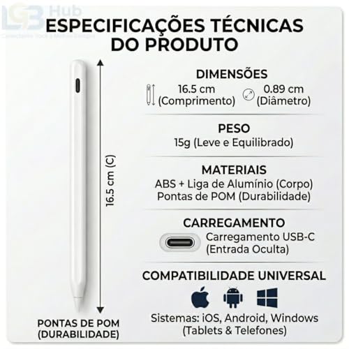 Caneta Stylus Touch Universal Ponta Fina iPad Tablet Celular USB-C Android | precisão compatibilidade universal carregamento rápido indicadores em led