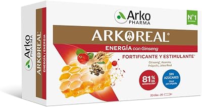Arkopharma arkoreal royal jelly energy com ginseng sem açúcares 20 ampolas, plus energia, fortificante, estimulante, suplemento alimentar