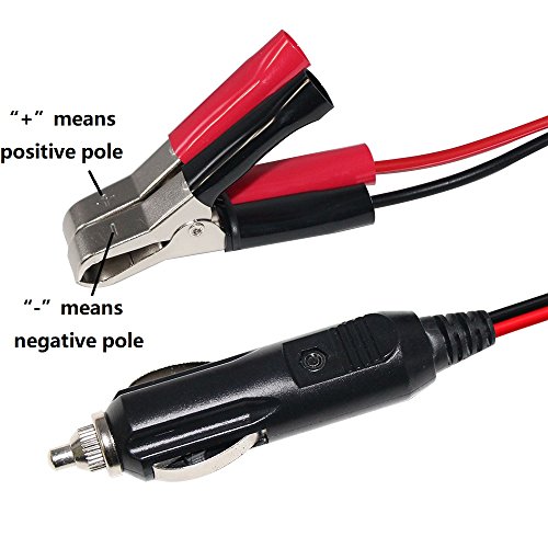 KUNCAN 12Volt 3FT Automotive Sturdy Alligator Clamp Booster Jumper Battery Charge Cable with Cigarette Lighter Male Plug, Electrical Clip-on 16 AWG Heavy Duty Extension Cord, Fuse 10A