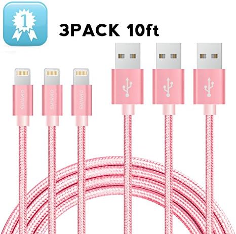 Lightning Cable 10ft,SHJHAO 3Pack Nylon Braided Durable USB Sync and Charging Cable for Apple iPhone 7/6s/6/5s/5/SE,iPad Pro,iPad Air,iPad Mini (Pink)