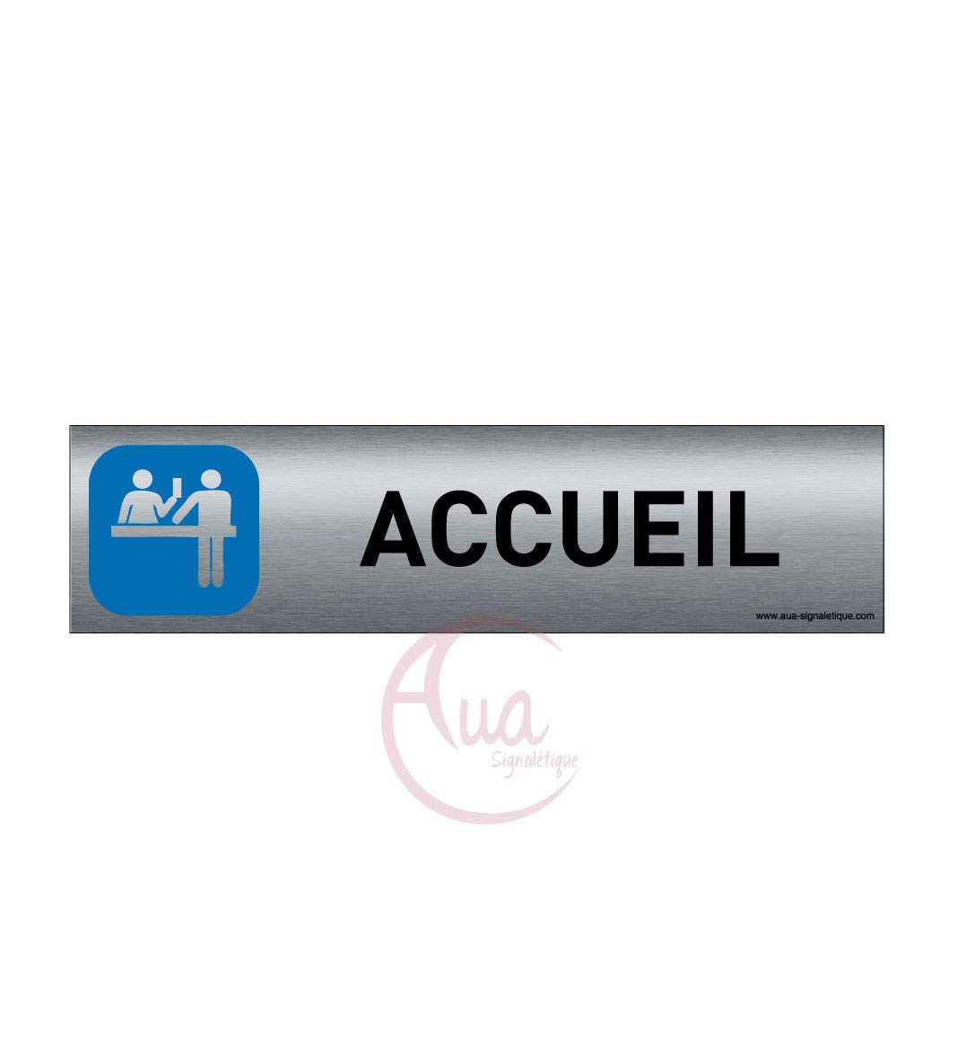 AUA SIGNALETIQUE - Plaque de porte Aluminium brossé imprimé AluSign - 200x50 mm - Double Face adhésif au dos - Impression UV directement sur l'aluminium (Pas de contre collage) (Accueil)