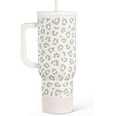 SANDJEST Leopard Tumbler with Handle, Insulated Cup Stainless Steel Travel Mug Cup, Gifts for Women Girl on Birthday Christmas, Cream Leopard, 40oz