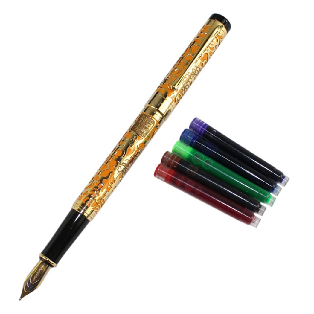 Gullor Advanced Fountain Pen Jinhao 5000 Orange and Gold Dragon Year with Gift Box and Ink cartridges
