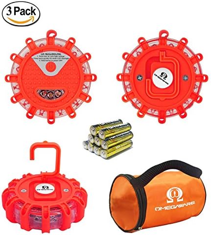 LED Road Flares OMEGAWARE | Emergency Roadside Safety Disc Marine Flashing Light Beacon for Car Truck Boat with Storage Bag and Batteries | RED ( Pack of 3 )