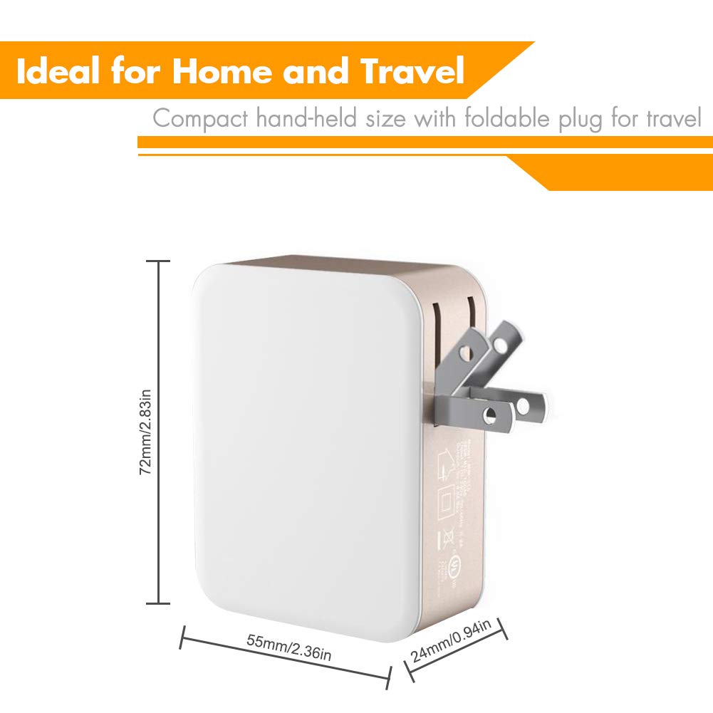 USB Wall Charger Power Adapter 4-Port USB 24W Travel Charger Adapter with Foldable Plug Multi Device Smart Charging-Compatible with iPhone, iPad, Samsung, Galaxy (Gold)