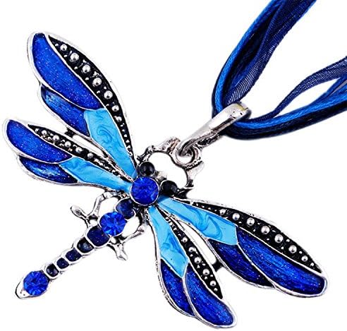 MFINHOME Fashion Rhinestone Inlay Gem Tone Blue Dragonfly Pendant Necklace With Chain