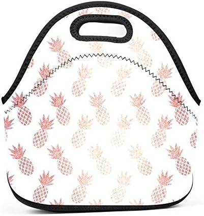 WWINL Rose Gold Pineapple Pattern Lunch Bag Insulated Reusable Neoprene Lunch Box Waterproof Tote Bento Bag With Zippe Handbag For Men, Women, Adults, Kids, Girls, Boys