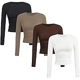 GORGLITTER Women's 4 Packs Long Sleeve Cropped T Shirts Ruched Crew Neck Slim Fit Basic Tee Tops