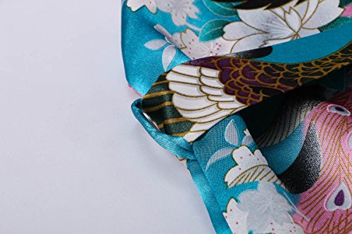 Yukata Women's Short Kimono Robe, Peacock&Blossom Design, Blue XL