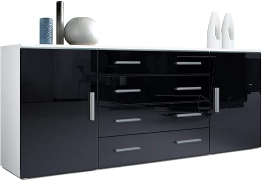 Vladon Sideboard Kommode Faro V2 Korpus In Weiss Matt Front In Schwarz Hochglanz Vladon Amazon De Kuche Haushalt