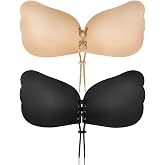 Cmojsk Sticky Bra, Backless Strapless Bra Push Up, Adhesive Invisible Lift Up Bras 2 Pairs Black/Beige