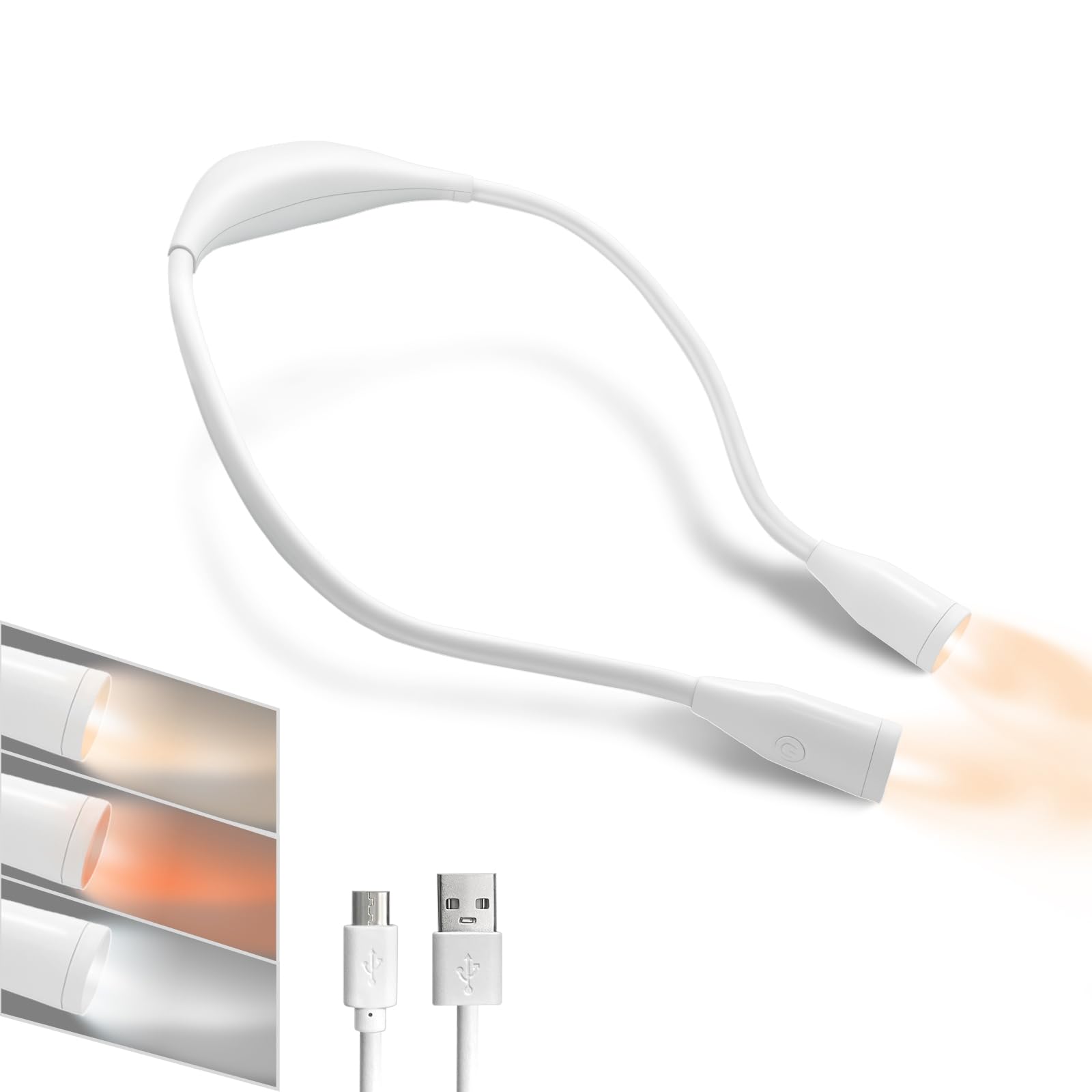 TINYOUTH White Neck Lamp for Reading, 1000mAh USB Rechargeable Book Neck Light Knitting Light with 3 Light Modes Stepless Dimming for Fishing Repairing Sewing Craftwork Crocheting