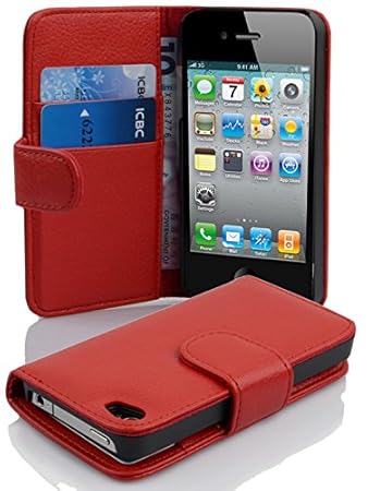 Cadorabo Hülle für Apple iPhone 4/ iPhone 4S Hülle in Inferno Rot Handyhülle mit Kartenfach aus Struktriertem Kunstleder Case