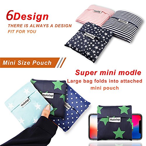 Foldable Reusable Grocery Bags 6 Pack Holotap Folding Shopping Tote Bag Fits in Pocket Nylon Reusable Produce Bags Washable, Durable and Lightweight (Multi Color)