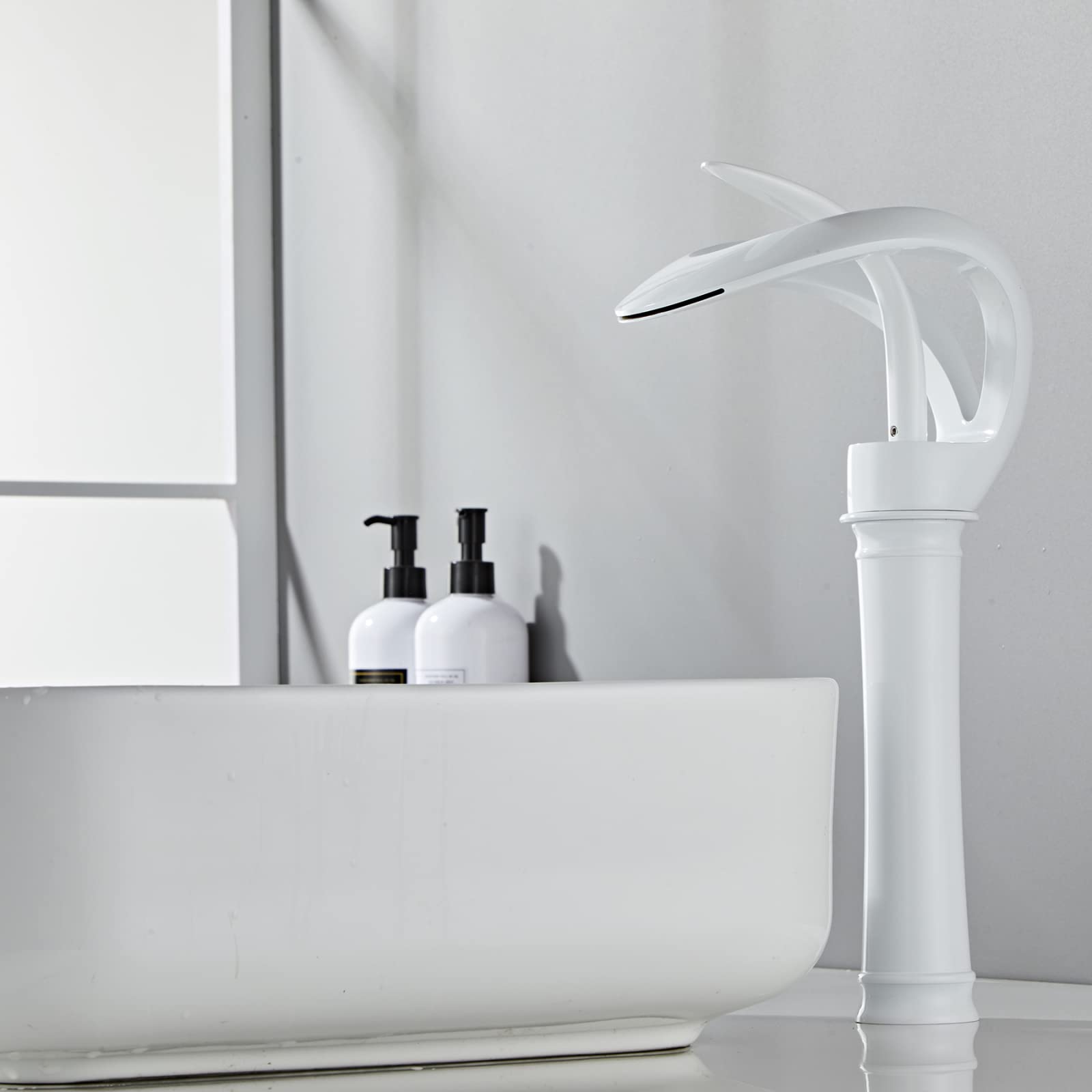 Waterfall Bathroom Counter Top Taps Bath Basin Mixer Tap Mono Brass Faucet,White,Tall