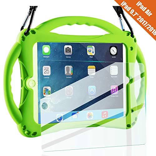 New iPad 2017/2018 9.7 inch Case/iPad Air Case, TopEsct Shockproof Silicone Handle Stand Case Cover&(Tempered Glass Screen Protector) for Apple New iPad 9.7inch(2017/2018 Version) and iPad Air(Green)