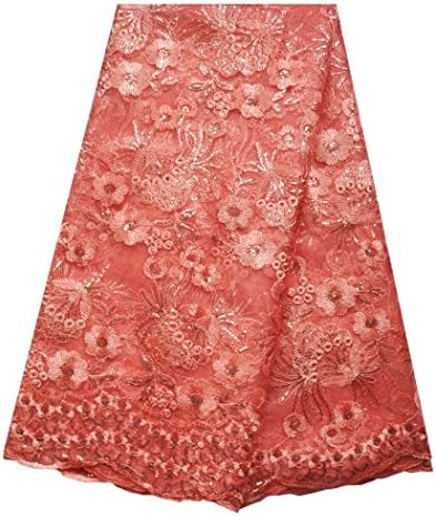 Yw Chan Can 5 Yards African Lace Fabric Nigerian French Fabric Embroidered and Beading Floral Organza Lace DIY Handmade for Dress of Party Wedding us-fabric-074 (peach)