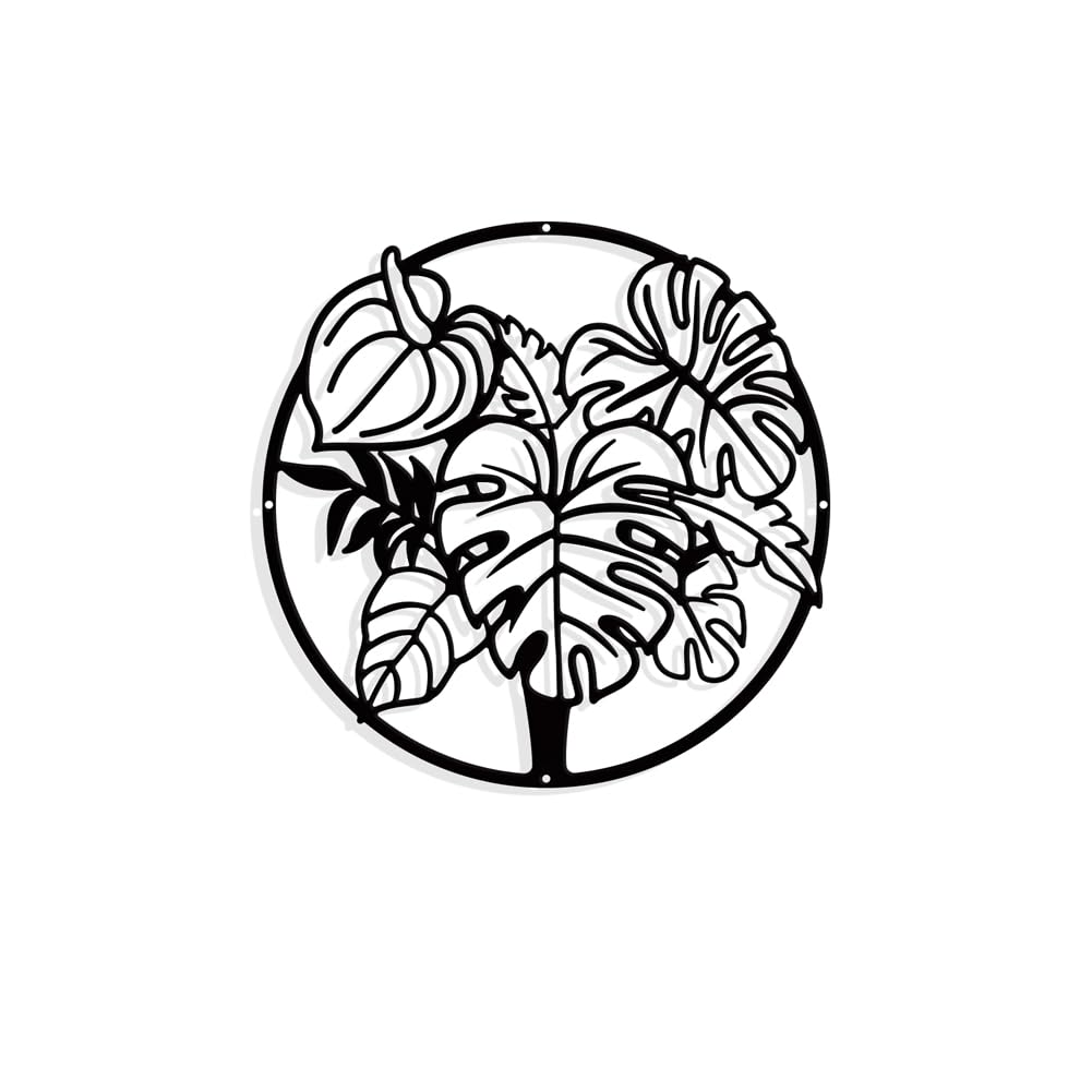 NBEADS Plants Metal Wall Art Decor, Flat Round Matte Black Wall Hanging Decor Silhouette Wall Art for Home Bedroom Living Room Garden Hotel Office Wall Decoration, 21cm