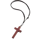 COOLSTEELANDBEYOND Leather Cord Necklace with Wooden Cross, Mens Womens, Adjustable Dark Brown Leather Cord