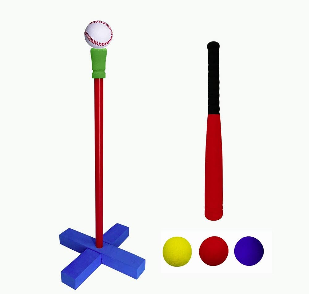 FOREVIVE Soft Foam Baseball Set Kids Indoor and Outdoor Baseball t-Ball Toys Easy t-Ball Training Set / 4 Balls, 1 Racket, 1 Batting t, Including Portable Carry Bag (21in, Red Black): Toys & Games