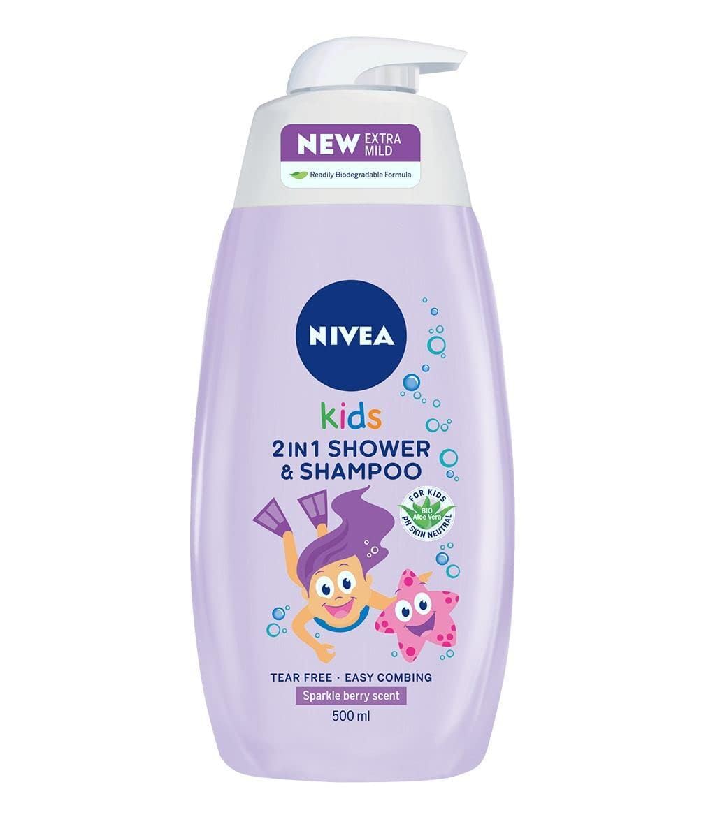 Nivea Kids Hair & Body Shampoo 500 ml Sparkle Berry 3 in 1 for Children No-Tear Formula Easy Brushing Organic Aloe Vera Skin Neutral PH Chamomile Soap-free Formula (Pack of 2)