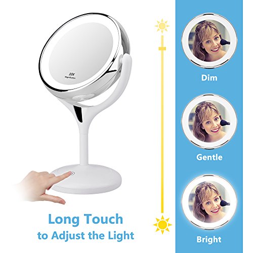 KEDSUM 1X/10X Double Sided Lighted Makeup Mirror, 360 Degree Swivel Tabletop Vanity Mirror,Cosmetic Regular/Magnifying Mirror with Lights, Dimmable Touch Button,Dual Power Supply