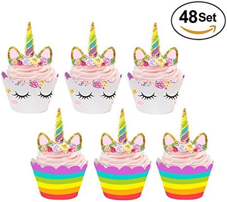 Awtlife 48Set Unicorn Cupcake Toppers and Wrappers For Wedding Kids Party Cake Decor