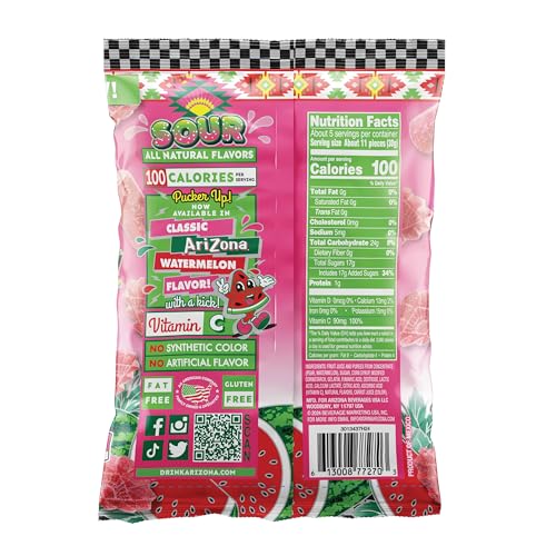 ARIZONA FRUIT SNACKS, SOUR WATERMELON – NEW – 5 OUNCE BAGS (PACK OF 12) – GLUTEN FREE – GUMMY CHEWS