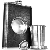 The Premium Shot Flask (8oz) - Includes a Built-in 2oz Collapsible Shot Glass and Bonus Funnel - Leak Proof - Food Grade 304 18/8 Stainless Steel and Faux Leather Wrap by Future Hydrate (Black, 8 oz)