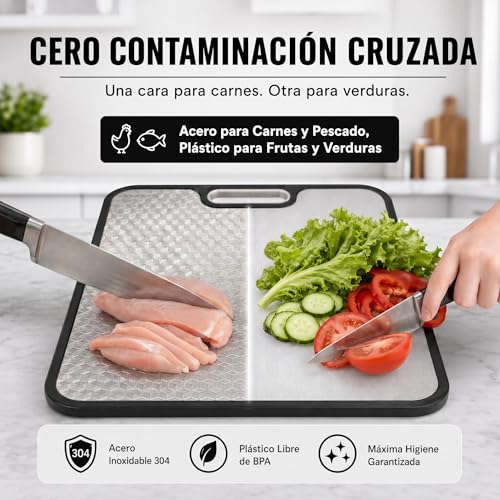 Tabla de Cortar Acero Inoxidable Doble Cara Sin BPA Higiénica y Sin Olores Evita Contaminacíon Cruzada Apta Lavavajillas (38x26cm)