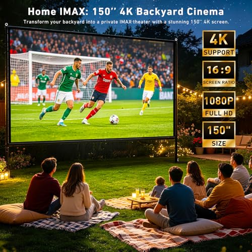 150 inch Projector Screen with Stand, 16:9 4K HD Portable Outdoor Movie Screen, Wrinkle-Free Foldable Indoor Projection Screen with Carry Bag & Ground Nails for Backyard Cinema Home Theater