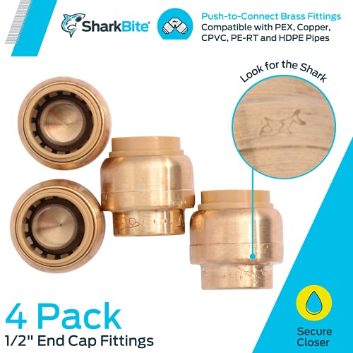 SharkBite 1/2 Inch Push Cap, Pack of 4, Push to Connect Brass Plumbing