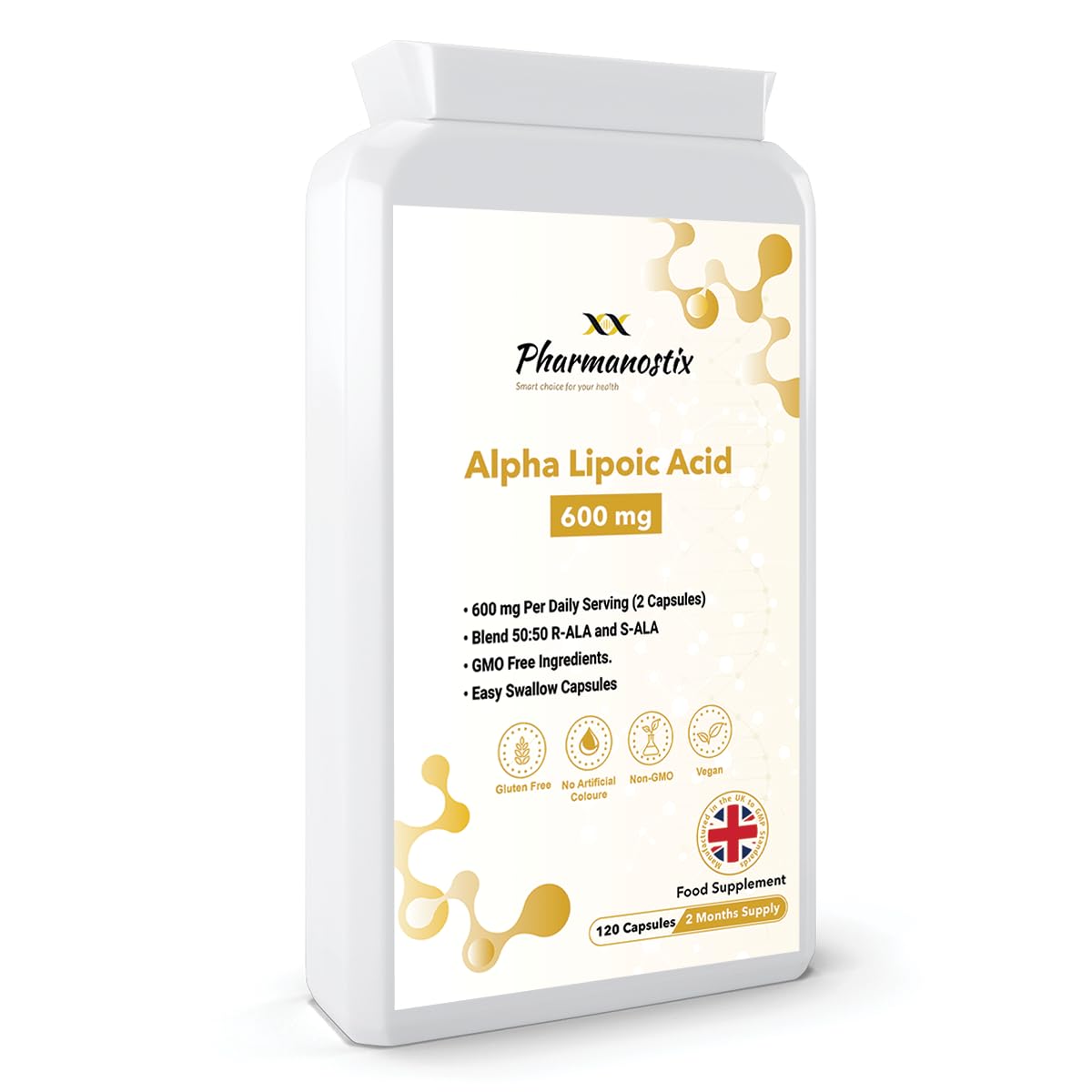 Pharmanostix Alpha Lipoic Acid 600mg Per Daily Serving - Super Antioxidant ALA - 120 Vegan Capsules - Optimal Dual ALA (Blend RALA and SALA) - UK Manufactured to GMP Standards