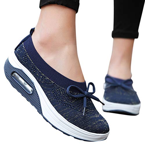 Emimarol Womens Walking Tennis Shoes Slip On Light Weight Mesh Platform Air Sneakers Dark Blue