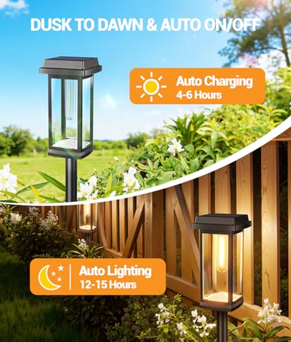 RECHOO Solar Lights for Outdoor Garden Pack of 4, 3000 K Warm White Solar Lights Garden with Metal Ground Spikes & 2 Light Modes, IP65 Waterproof Solar Lights for Outdoors, Garden Decoration, Yard