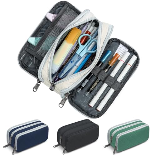 Della Gao Large Pencil Case, Big Capacity Pencil Pouch with 3 Compartments, Office Pencil Bag with Zipper, Big Pen Case for Adults (Beige-03RH)