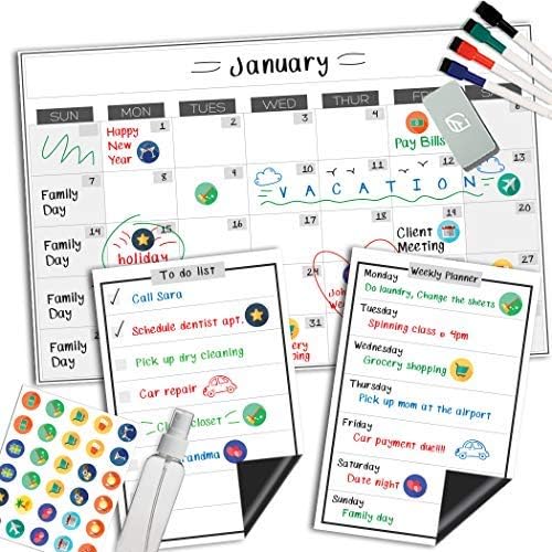 Magnetic Dry Erase Whiteboard Calendar - 11x17 Inches - Large Premium Reusable Board for Refrigerator - Weekly Kitchen Fridge Planner & Smart Atomic Habit Organizer