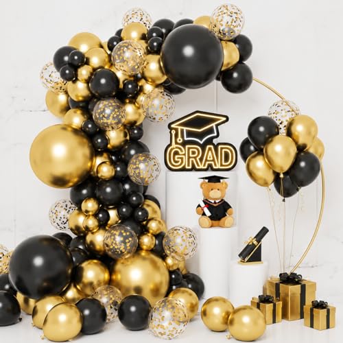 Globos Negros y Dorados Metálicos con Confeti para Graduación 2026, Kit de Guirnalda Arco de Globos Decoración Fiesta de Graduación, Adornos Decoración Graduación 133 Pzs