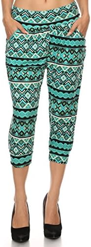 LA12ST Women's Green Diamond Shapes Stretch Floral Printed Harem Capris Diamond1 One Size