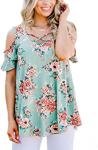 YILE SHU Women Casual Floral Print Cold Shoulder Short Sleeve Crisscross Front V Neck T Shirt Blouse Top( 9 colors) (XXL, Sage)