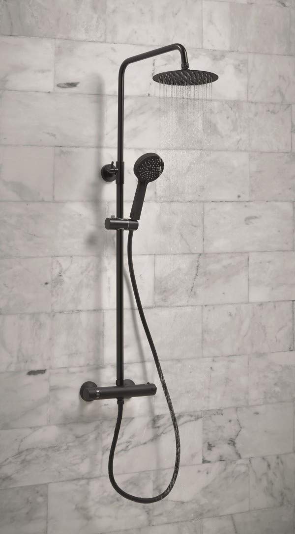Black Shower Thermostatic with Rigid Riser and Diverter Round