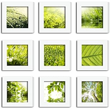 XUFLY 9Pcs 4x4 Real Glass Wood Frame White Square, Fit Family Image Pictures Photo (Window 3.6x3.6 inch), Desktop Stand On Wall Family Combine Leaves Flower Green Decoration (10 Set Pictures) (19)