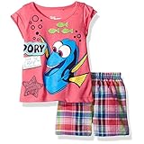 Disney Little Girls 2 Piece Finding Dory Plaid Short Set, Pink, 4T
