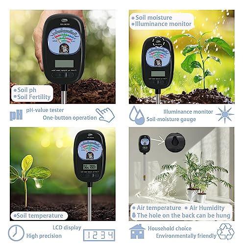 Soil Moisture Meter Plant 4-In-1, Soil Ph Tester Temperature/Light/Ph/ Moisture With Stainless Steel Probe Digital Soil Testing Kit Plant Watering Indicator For Gardening Lawn Farming Outdoor Indoor