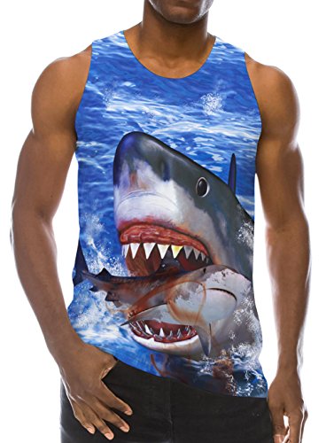 RAISEVERN Fashion Shark Poster Pattern 3D Print Casual Realistic Underwaist Gym Mens Tank Tops for 90s, Shark, X-Large