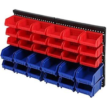Bins Parts Organizer, Plastic Wall Mount Parts Rack Bins Parts Red Blue Storage with 30PCs Drawers for Pliers Accessorie Parts Screwdrivers Hammers