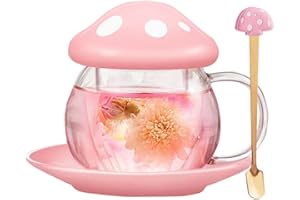 Mushroom Tea Cup Set, Cute Glass Tea Cups and Saucers, Kawaii Tea Cup with Infuser for Loose Leaf Tea Steeper, Coffee Mug Chr