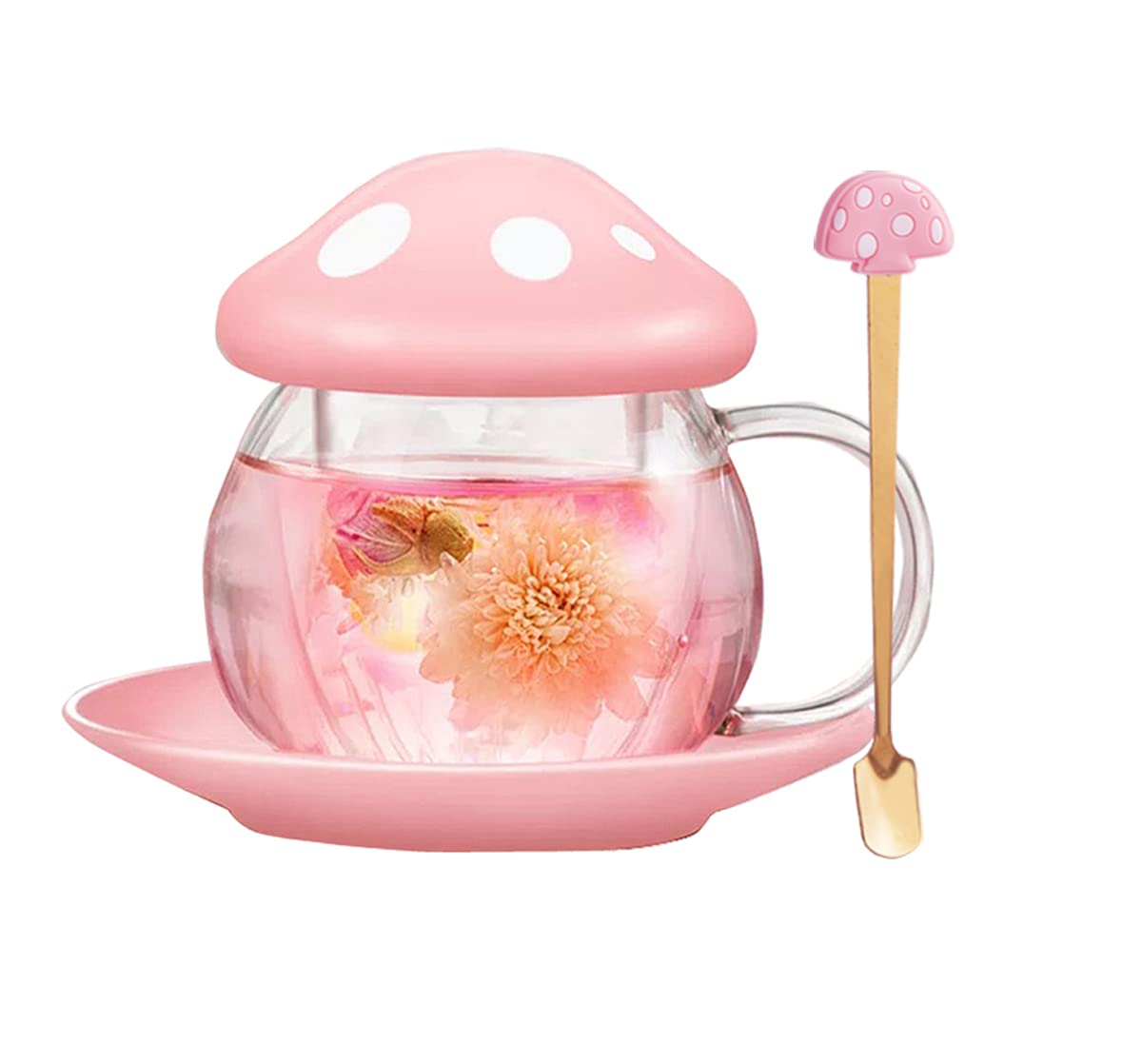Mushroom Tea Cup Set, Cute Glass Tea Cups and Saucers, Kawaii Tea Cup with Infuser for Loose Leaf Tea Steeper, Coffee Mug Christmas Gifts for Women,Tea Infuser Mug with Lid for Mother Girls (Pink)